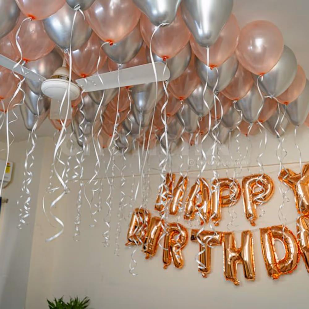 Rosegold and silver chrome balloon decoration by cherishx in delhi ncr