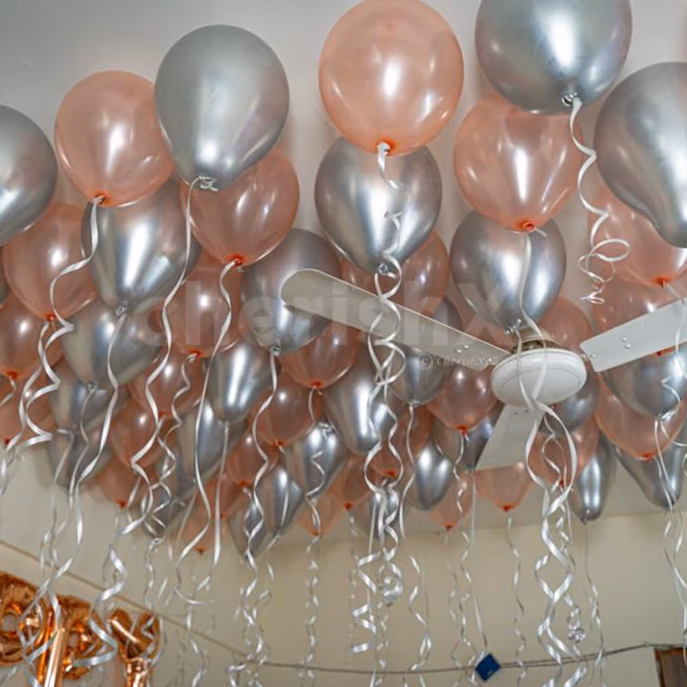 Rosegold and silver chrome balloon decoration by cherishx with Happy Birthday foil balloons