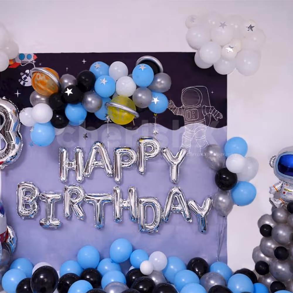 Celebrate your kid's birthday with this adorable Space themed birthday room decor.