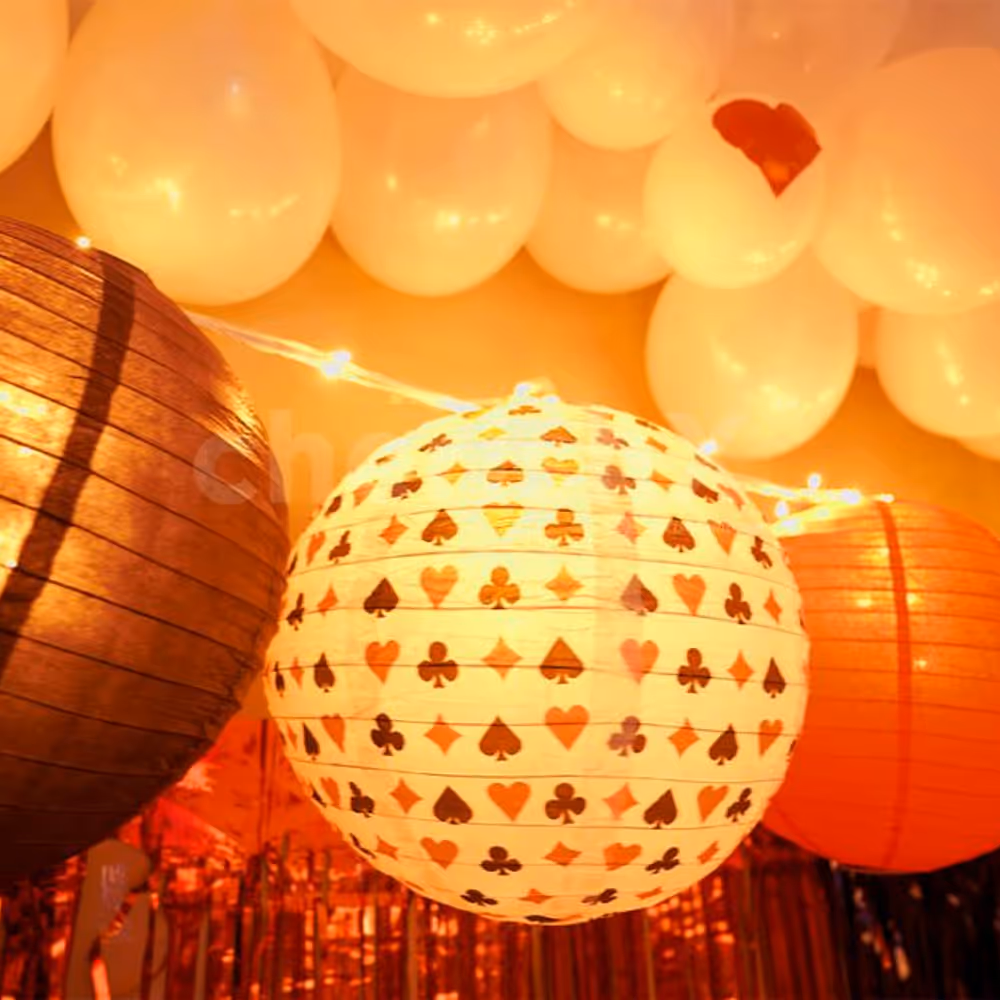 8 Poker Theme Lanterns put up on the ceiling to make the decor brighter.