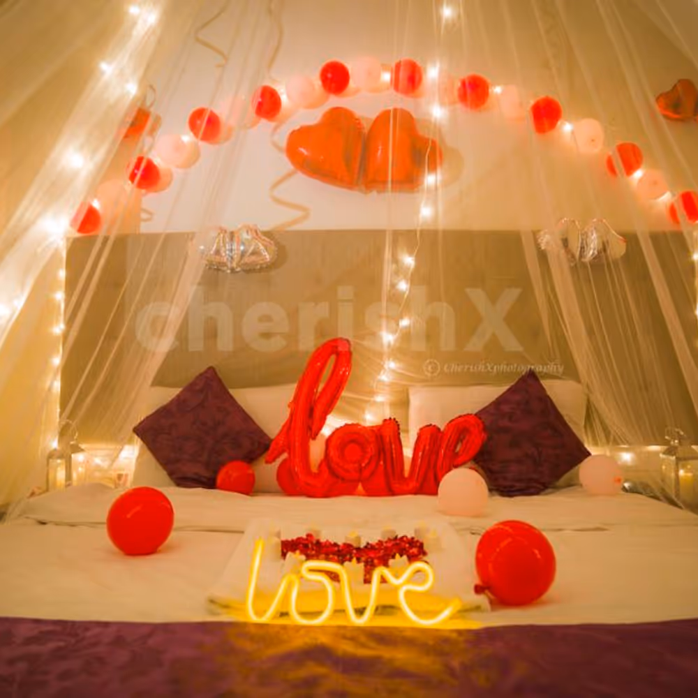 Spend your special moments with your special one under a beautiful First Night Red Balloon Canopy Decor Brought to you by CherishX!