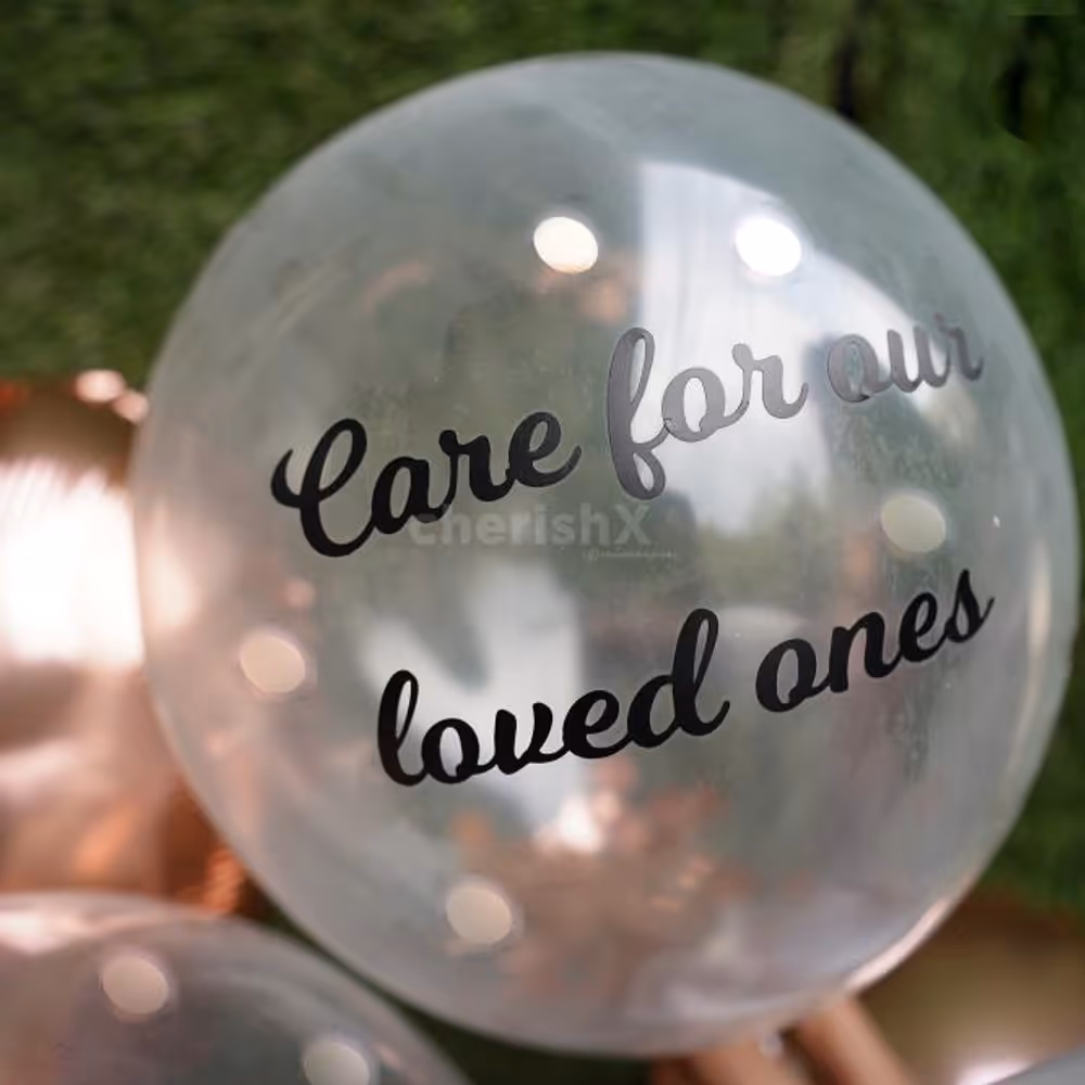A printed vinyl promise on helium confetti balloons.