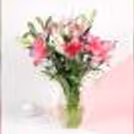 Elegant 6 Pink and White Lilies in Glass Vase Bouquet to express love and admiration.