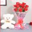 Wish birthdays and anniversaries with a bouquet of roses and a cute teddy.