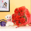 A Combo with 10 red carnations with 5 dairy milk chocolates and a 6' ft cute teddy.