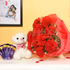 A Combo with 10 red carnations with 5 dairy milk chocolates and a 6' ft cute teddy.