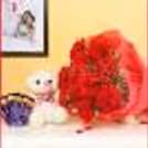 A Combo with 10 red carnations with 5 dairy milk chocolates and a 6' ft cute teddy.