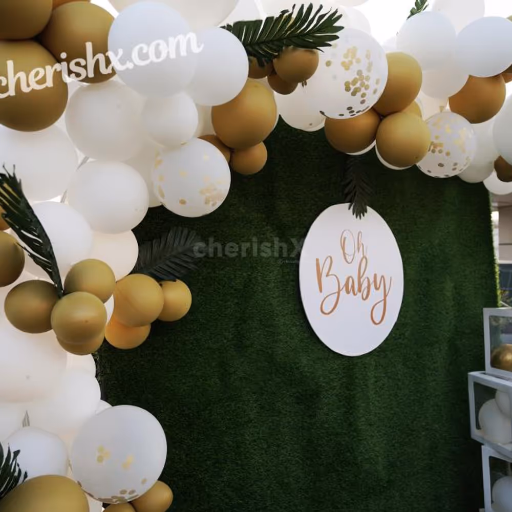 CherishX's Golden and White Baby Shower Decor lets you have a grand celebration. So, book this lovely decor to make your celebrations lovely!