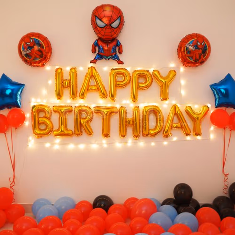 Plan your child's birthday by booking CherishX's Spider Man Birthday Surprise Decor filled with colorful balloons and foil balloons.