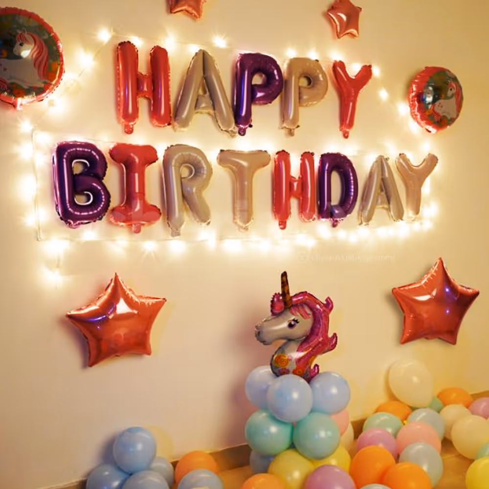The Unicorm Birthday Surprise Decor includes different colored pastel and foil balloons!