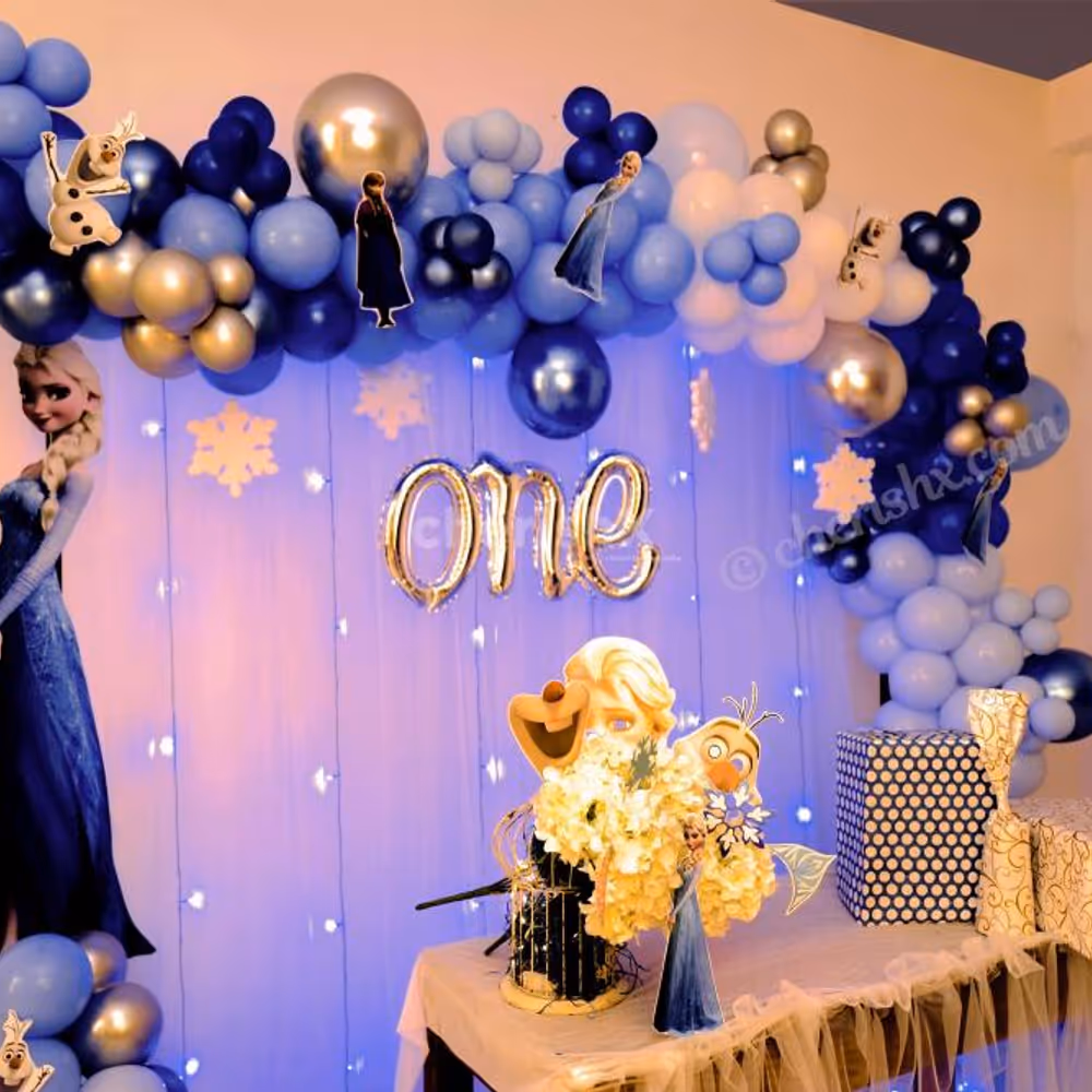 Disney's Frozen Themed Decoration includes character cut-outs and metallic and chrome balloons.