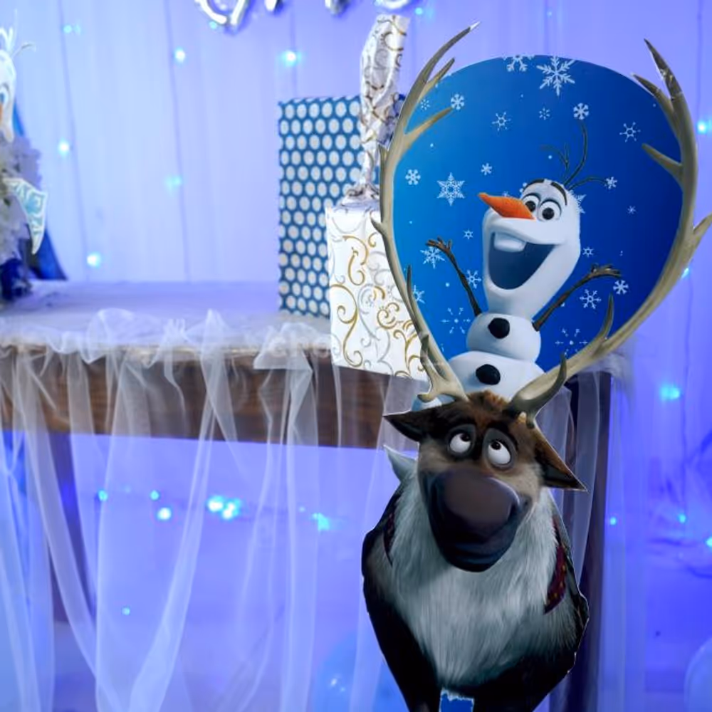 A cut-out of Olaf sitting on Sven to enhance the room decoration.