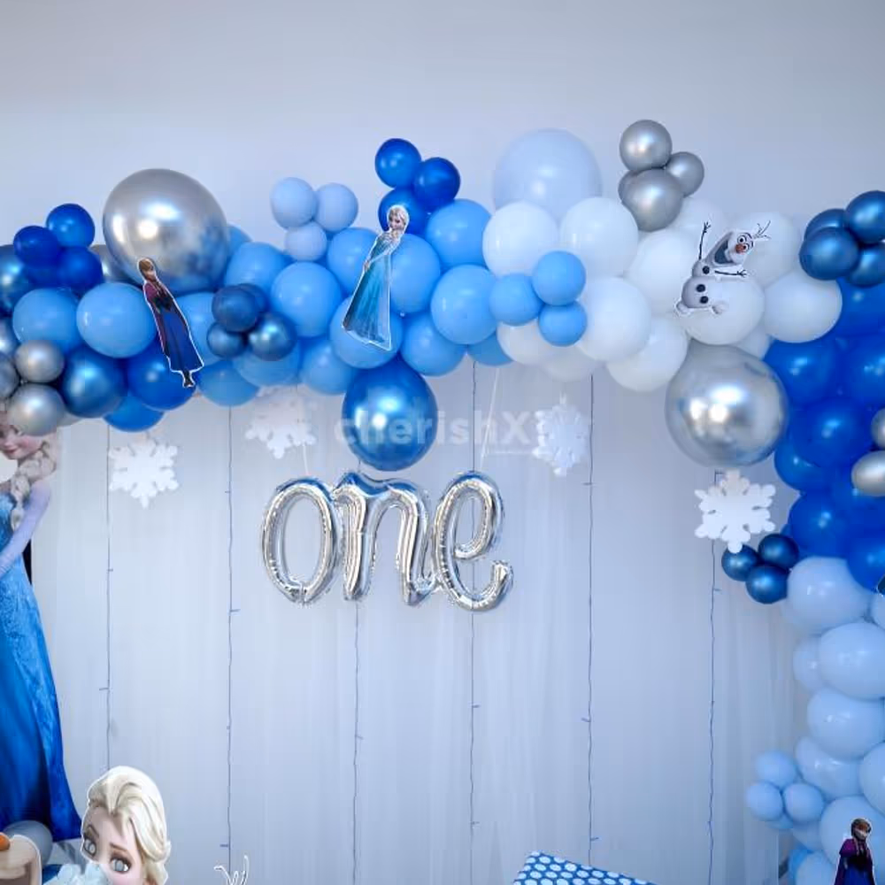A balloon arc made up of chrome, metallic and pastel balloons in the shade of blue and white.