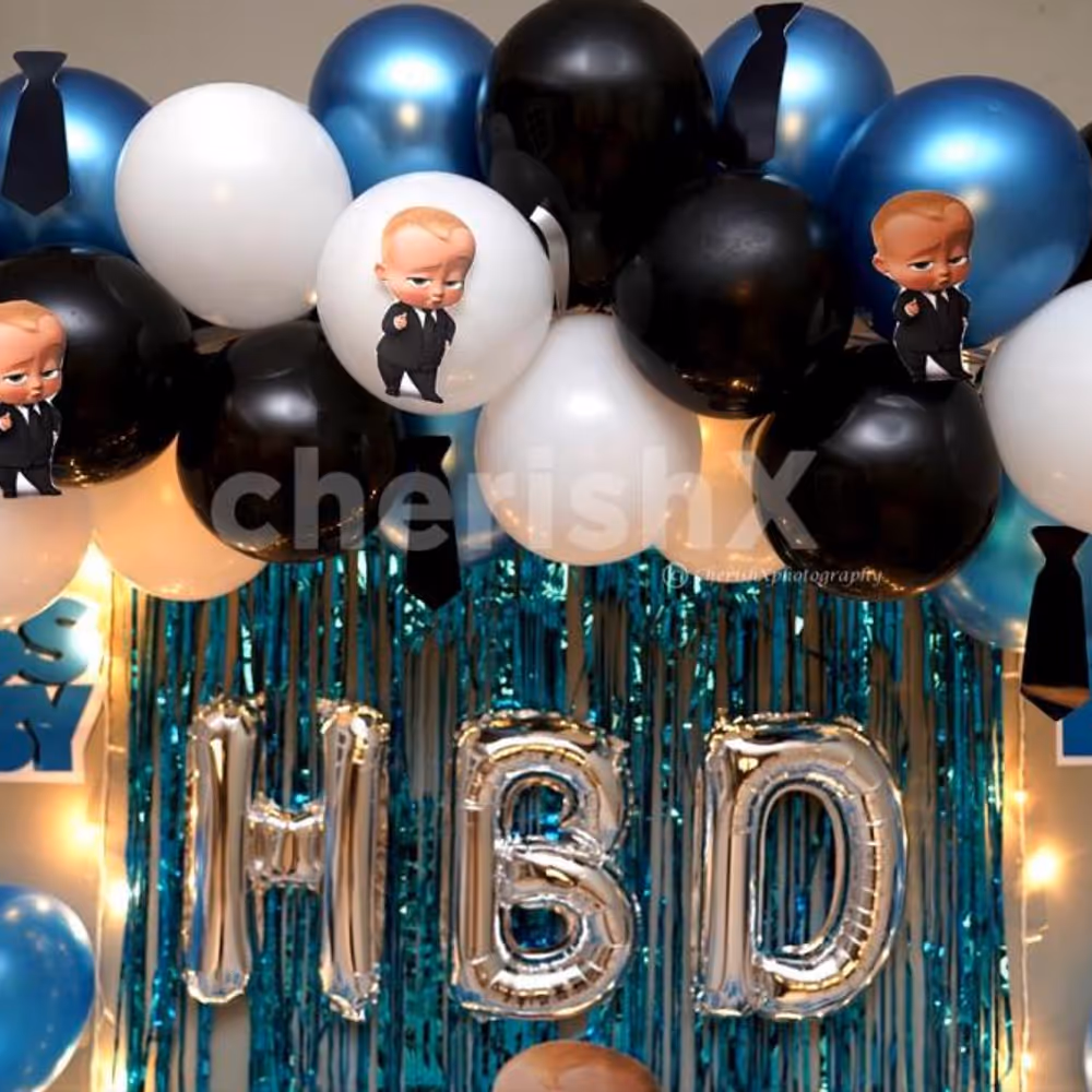 The Balloon Decoration is made up of blue, black and white balloons.