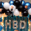The Balloon Decoration is made up of blue, black and white balloons.
