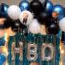 The Balloon Decoration is made up of blue, black and white balloons.