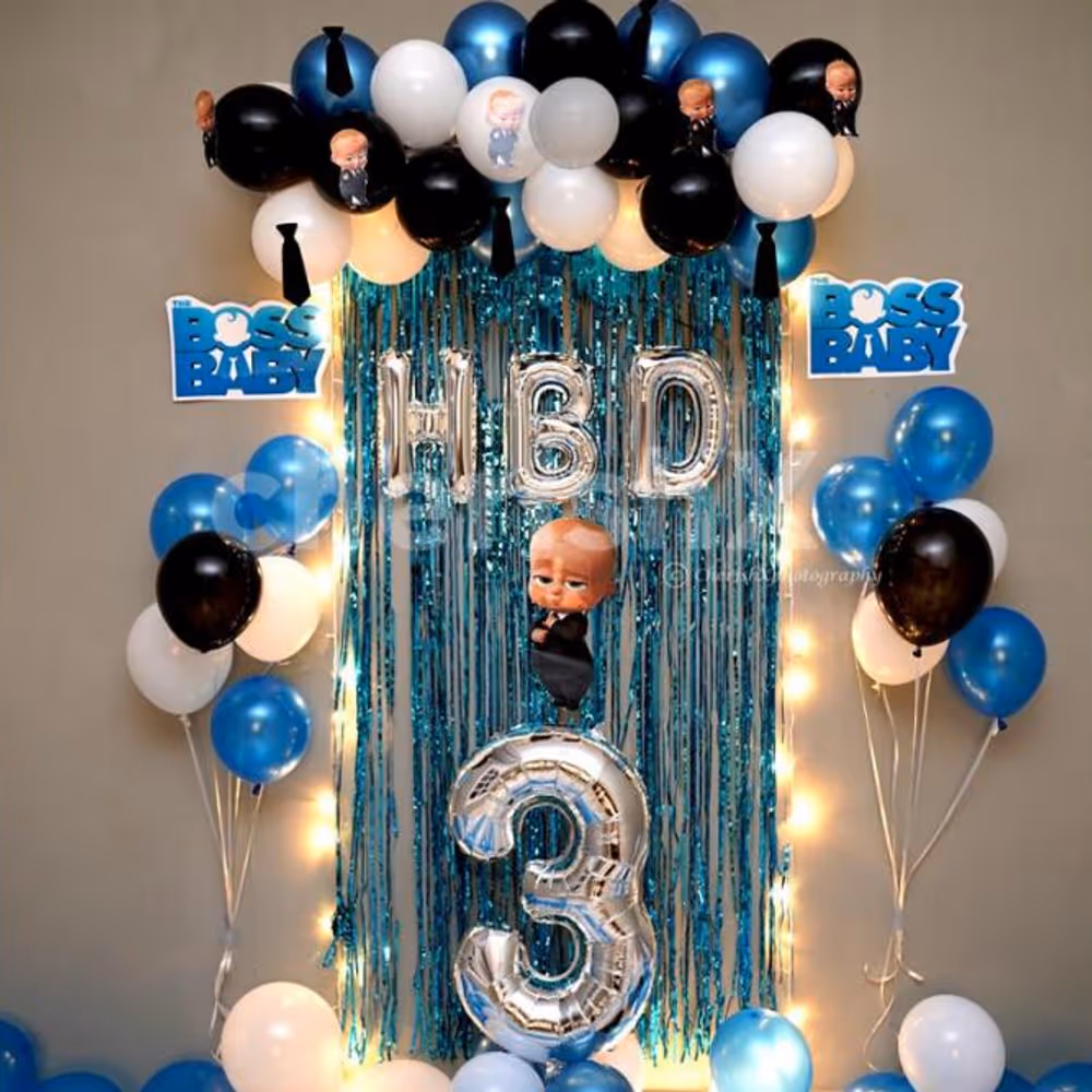 A simple Boss Baby Themed Balloon Decoration for a Kid's Birthday