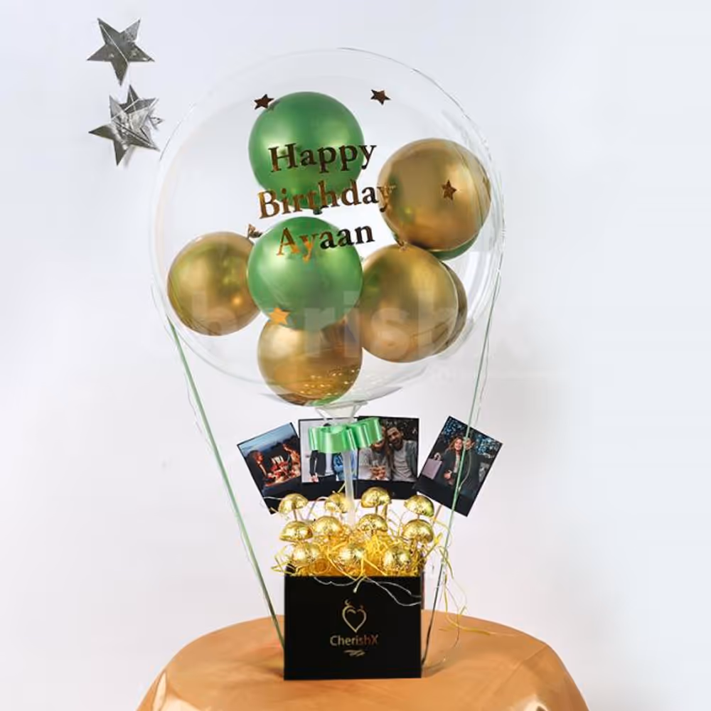 Startle your special one by gifting this beautiful Gold & Green Balloon Bucket with Chocolates!