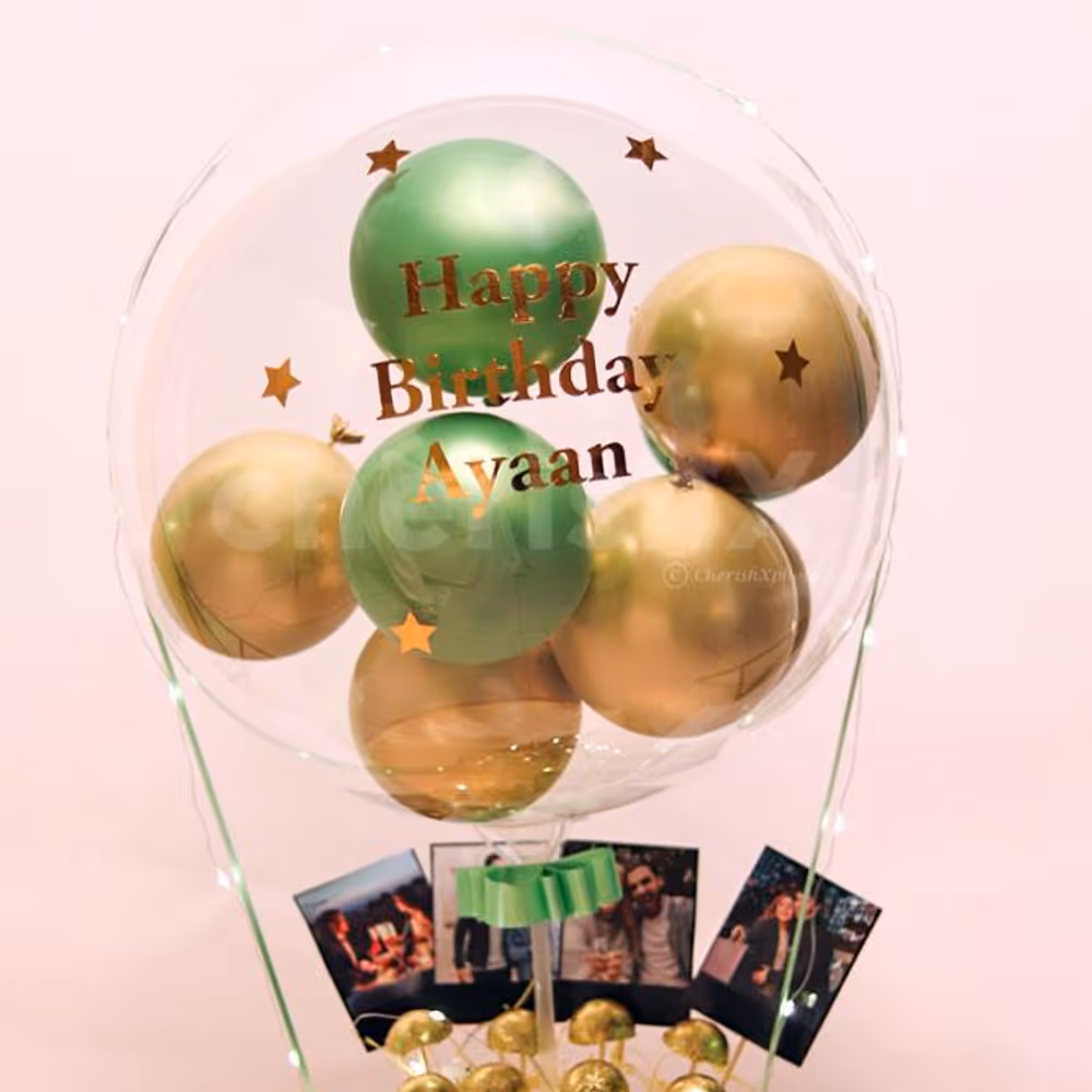 Embrace the moments of your loved one's birthday by gifting this Gold & Green Balloon Bucket with Chocolates!
