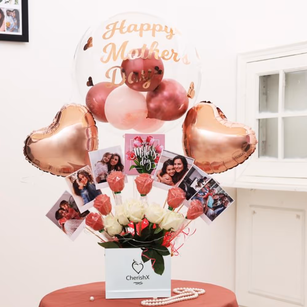 CherishX has launched an Exclusive Rose Gold Mother’s Day Gift Bucket filled with Balloons and more to help you make the Day Memorable for your Mother.