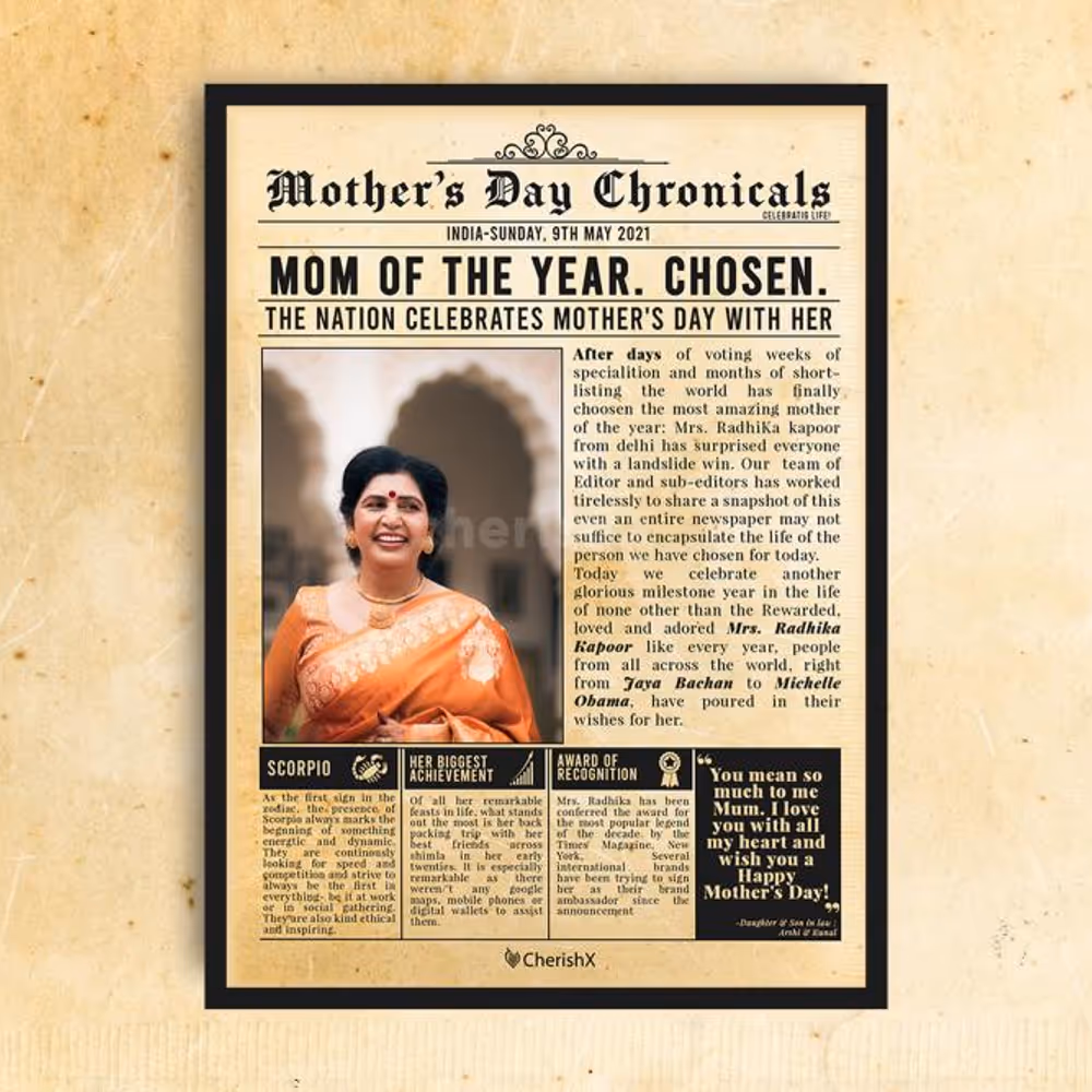 Book a wonderful newspaper frame for your mother's birthday or the occasion of mother's day!