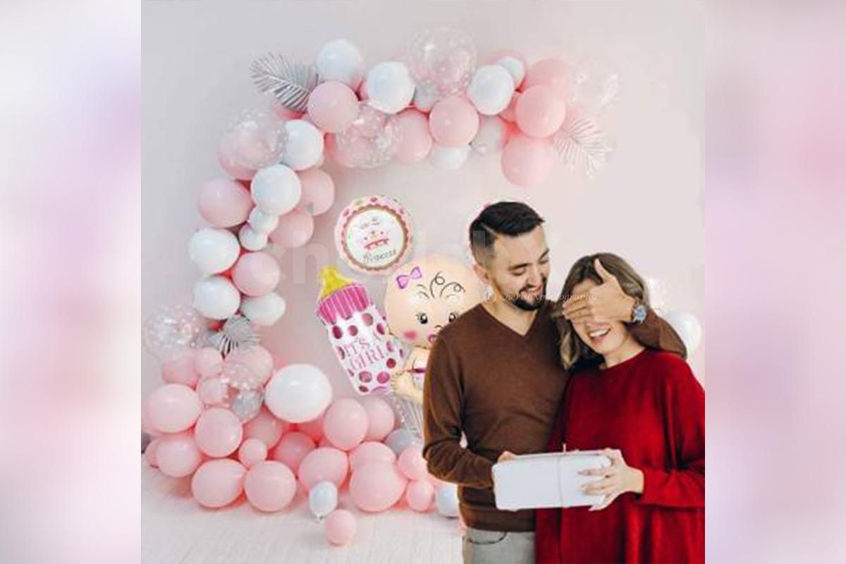 Pastel Pink Baby Girl Decoration with Baby Face, Pink Bottle Foil Balloon and more