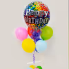 A birthday balloon Bunch stand with a purple ribbon for your party decorations