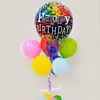A birthday balloon Bunch stand with a purple ribbon for your party decorations