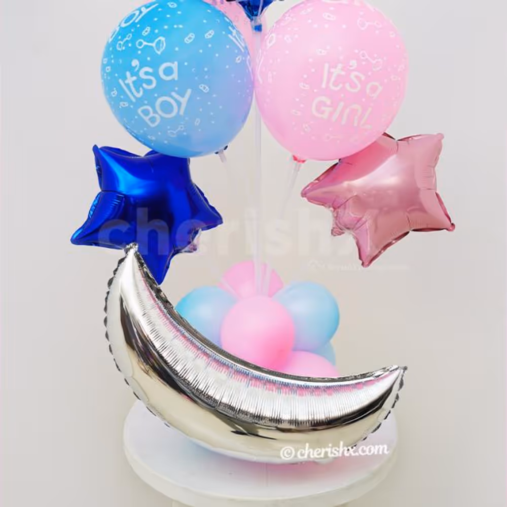 Baby shower balloon bouquet with blue and pink balloons.