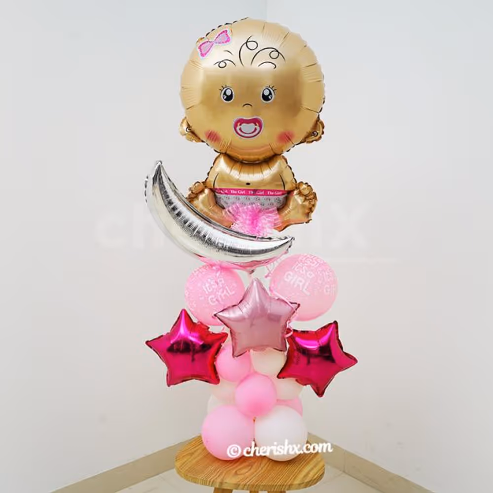 A pretty balloon bunch to give your loved ones to send good wishes on the birth of a girl child.