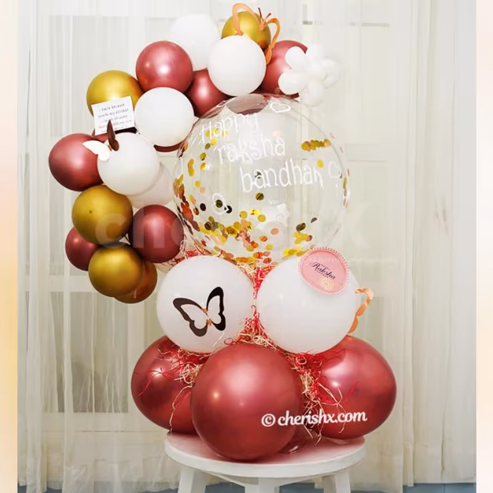 A message attached with the Gold & Rose Gold Rakhi Balloon Bouquet.