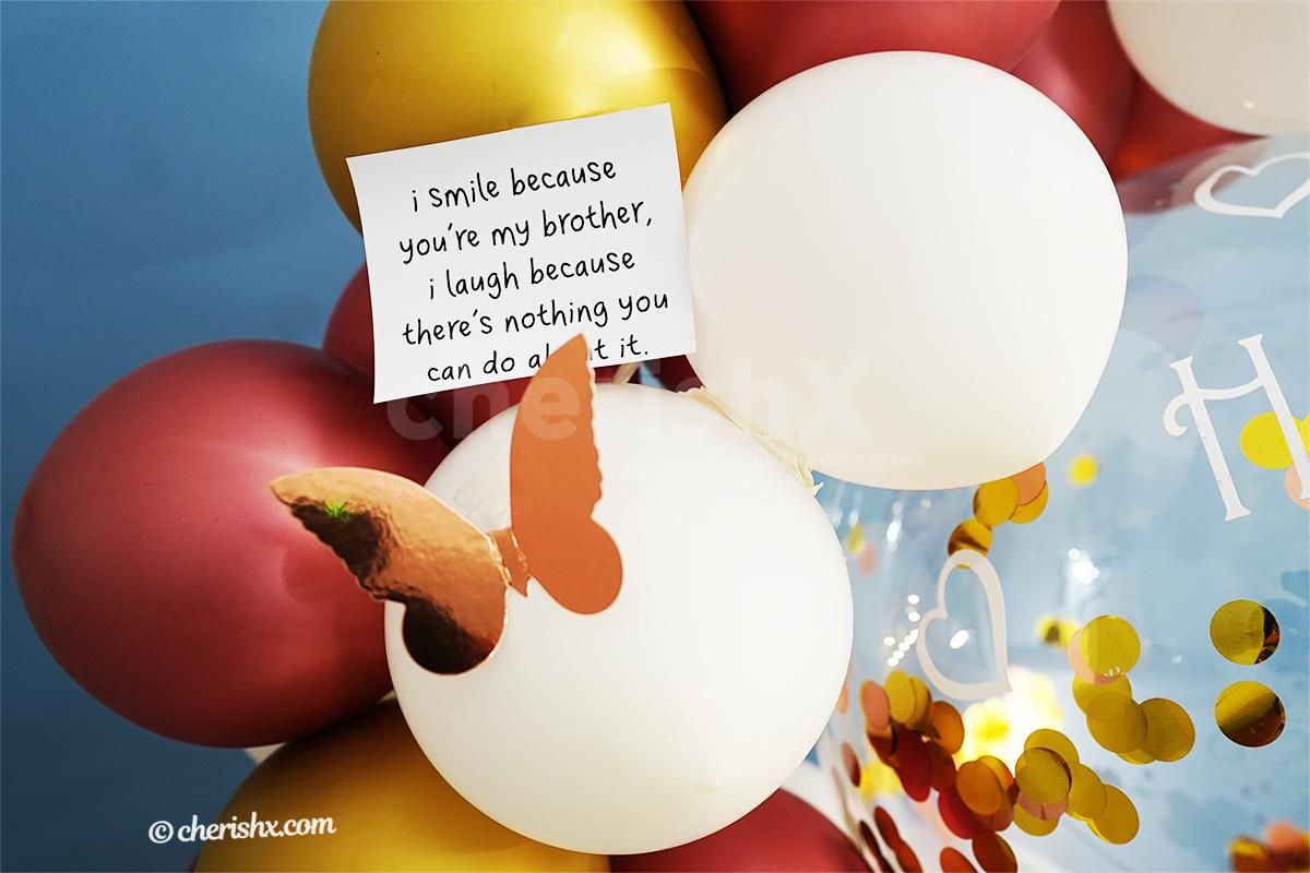 Bubble balloon with Golden Confetti highlighting the CherishX Rakhi balloon bunch