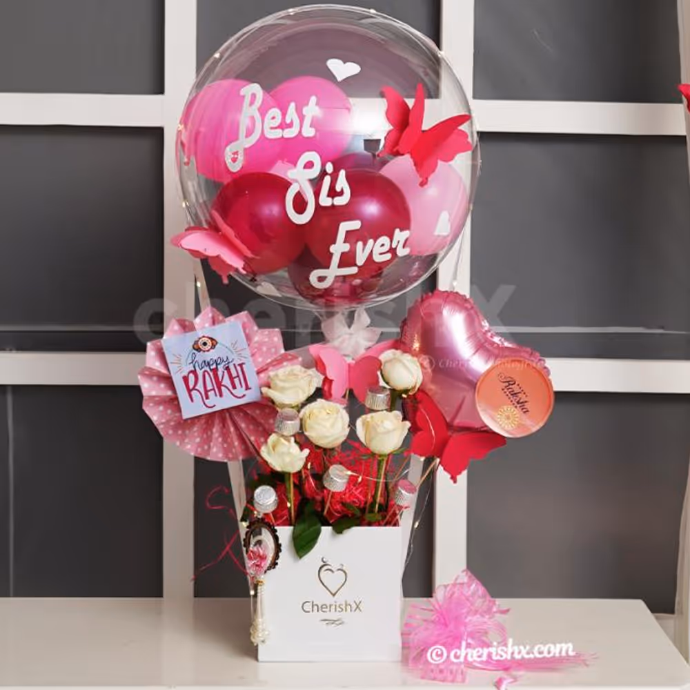A Breathtaking Pink Rakhi Balloon Bucket for sister by CherishX!