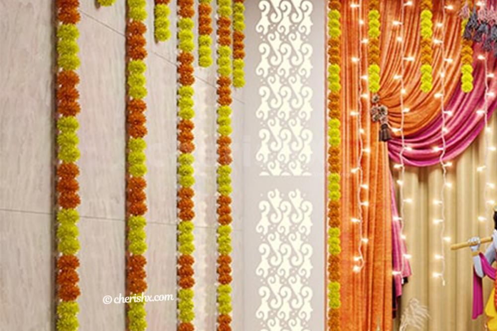 The view of the room when decorated with CherishX's Marigold Themed Fabric Decor