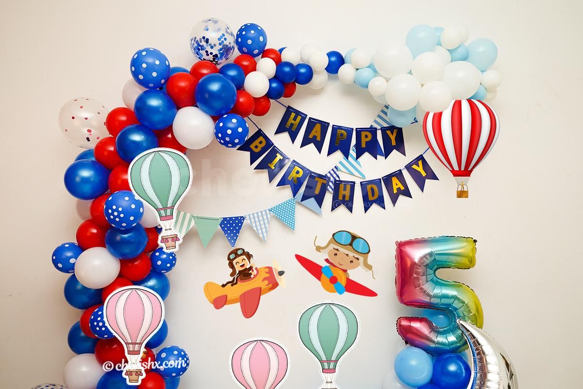 Arc of Colourful Balloons and Blue Happy Birthday Bunting included in CherishX's  Aeroplan Theme Birthday Decor!