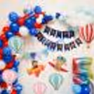 Arc of Colourful Balloons and Blue Happy Birthday Bunting included in CherishX's  Aeroplan Theme Birthday Decor!