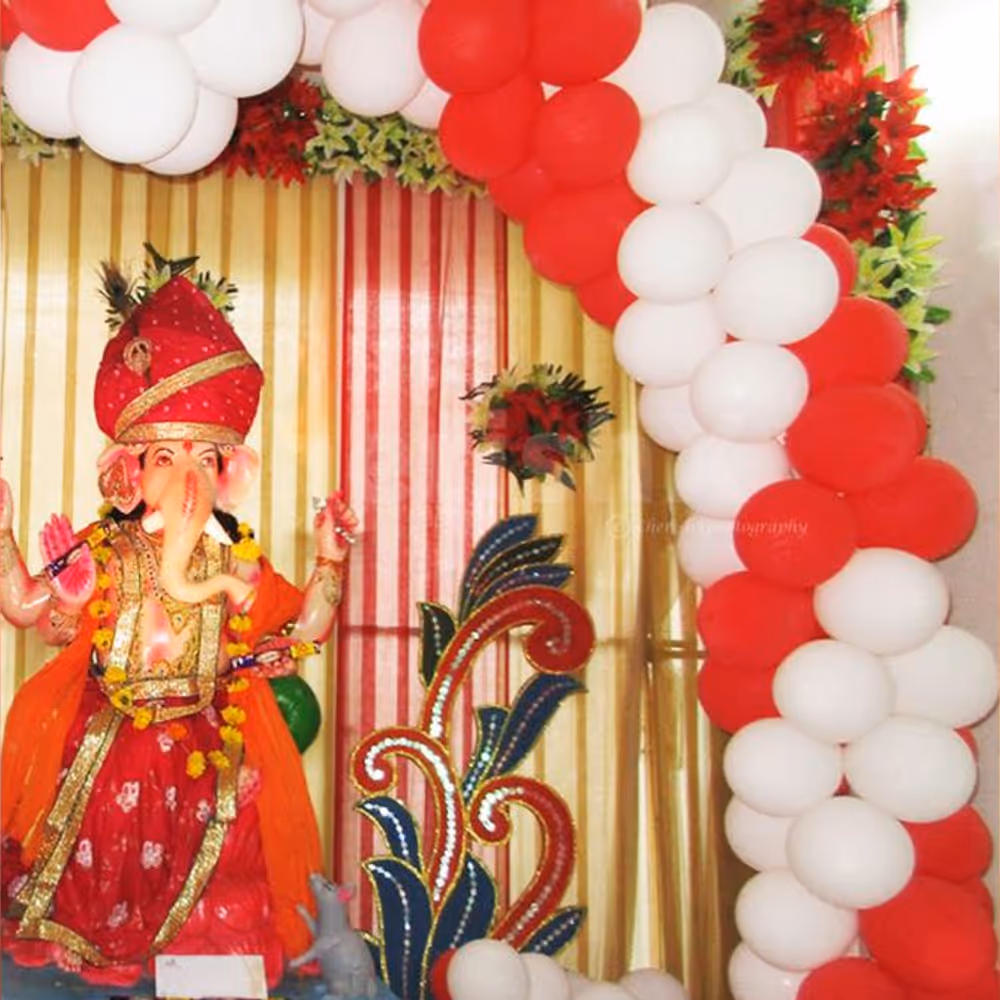 CherishX's White and Red Ganesh Chaturthi Balloon Decoration