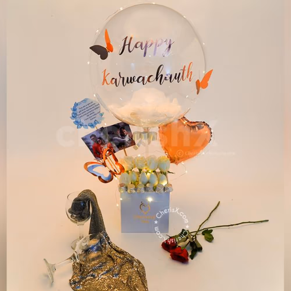 Elegance and beauty bunched together brings you this Premium Feather Karwa Chauth Special Bucket!