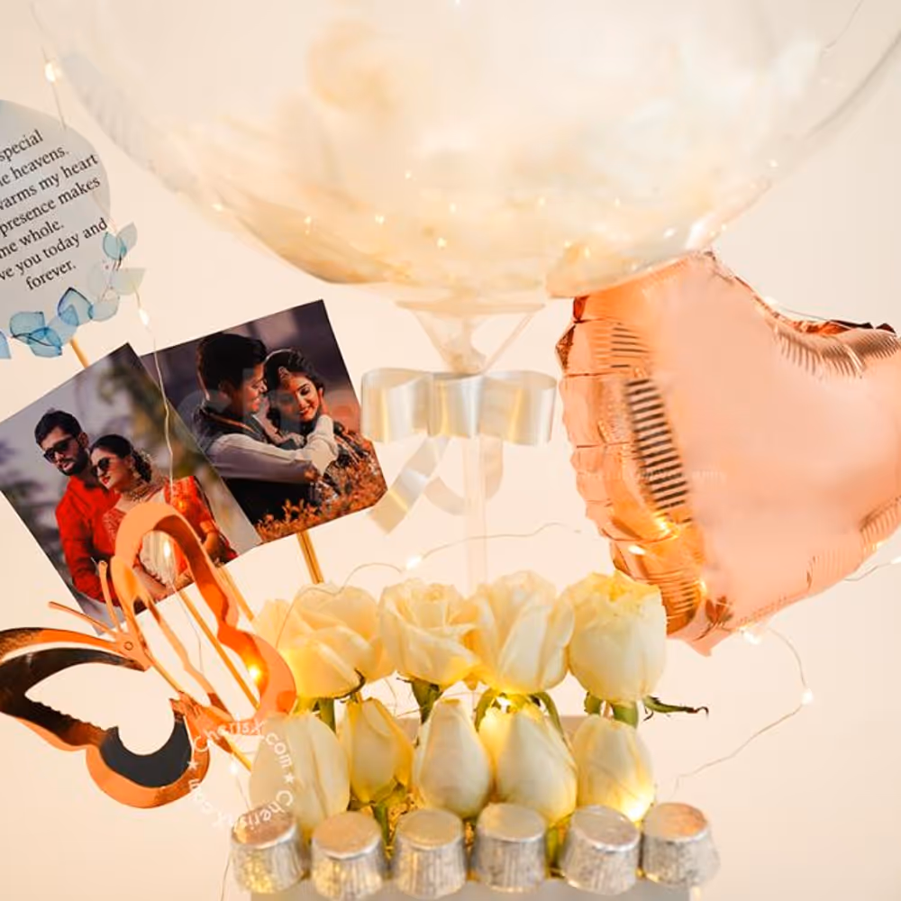 CherishX's Premium Feather Balloon Bucket includes photos, Roses and Chocolates.