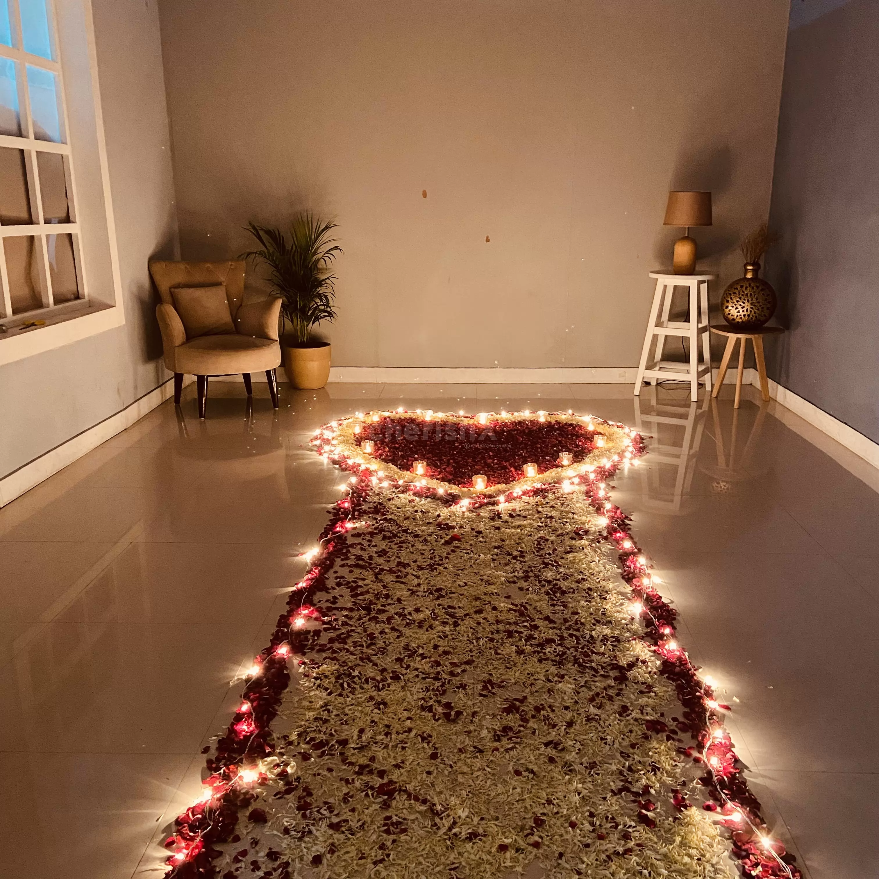 Romantic Proposal Setup with Flowers and Candles