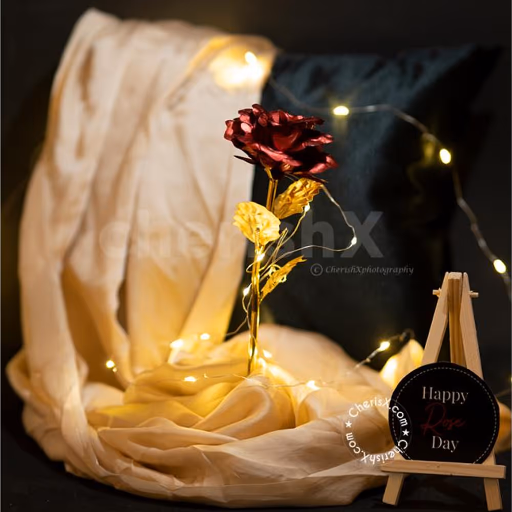 A Romantic Valentine's Countdown black box includes a beautiful Metallic Red Rose for Rose Day