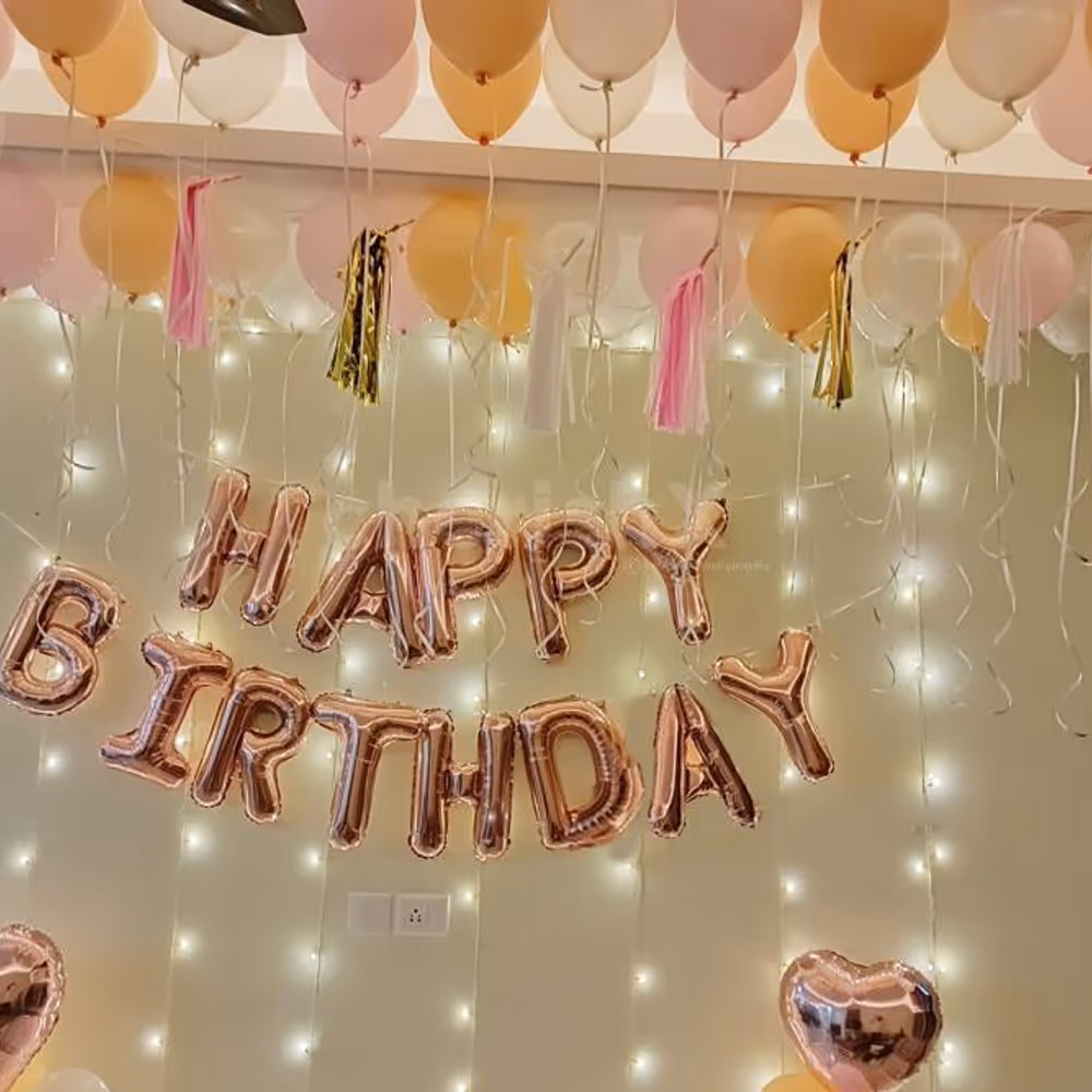 Fairy Lights & Happy Birthday Foil Balloons