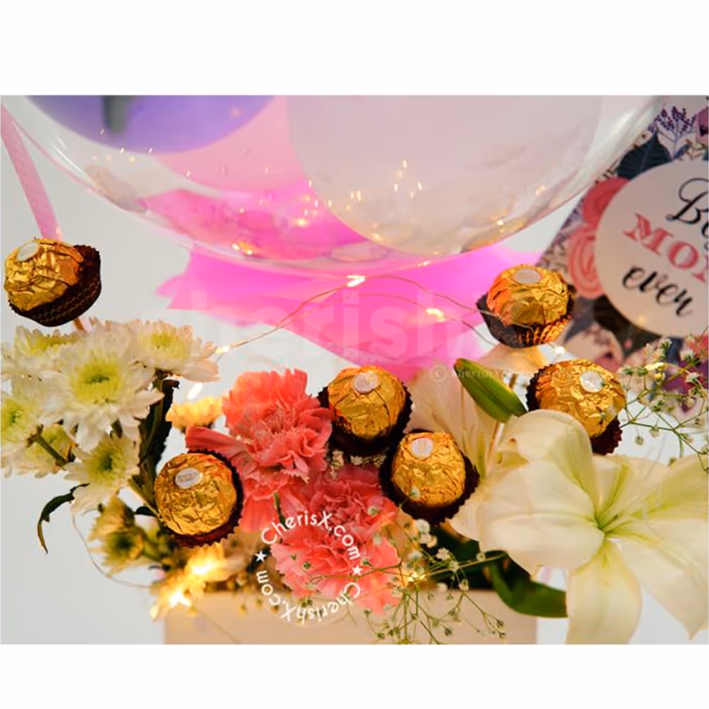 A Premium White and Pink Theme Balloon Bucket Gift for Mother's Day 2022!