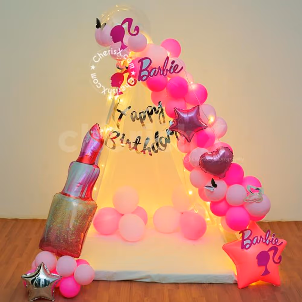 A Barbie Theme Kids Canopy Decor for your kids birthday special.