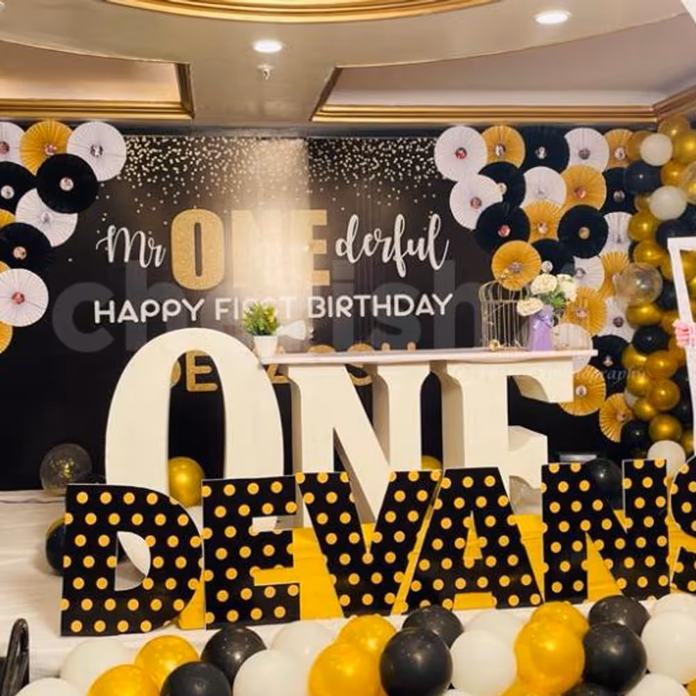 Exclusive Golden Little Man Theme Decoration for Kid's Birthday and Baby Shower Celebrations!