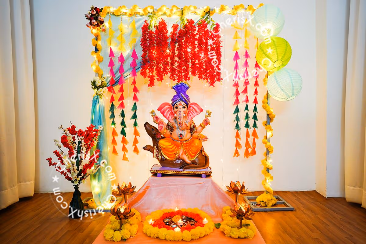 Stylish Ganesh Chaturthi Puja Decor with Backdrop