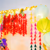 Garlands hanging from the ceiling for decorting the walls of the home for Ganesh Chaturthi!