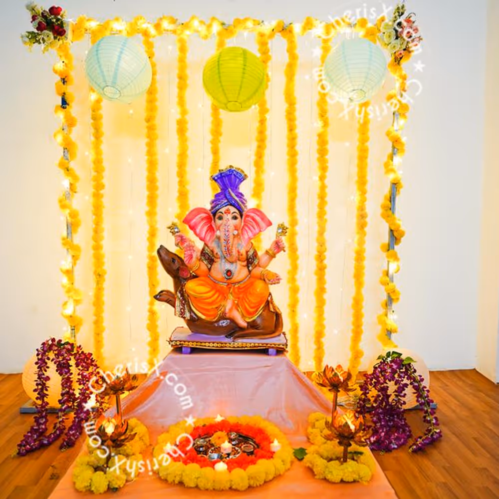 Marigold, Lanterns & Lights Decorations for Ganesh Chaturthi at Home