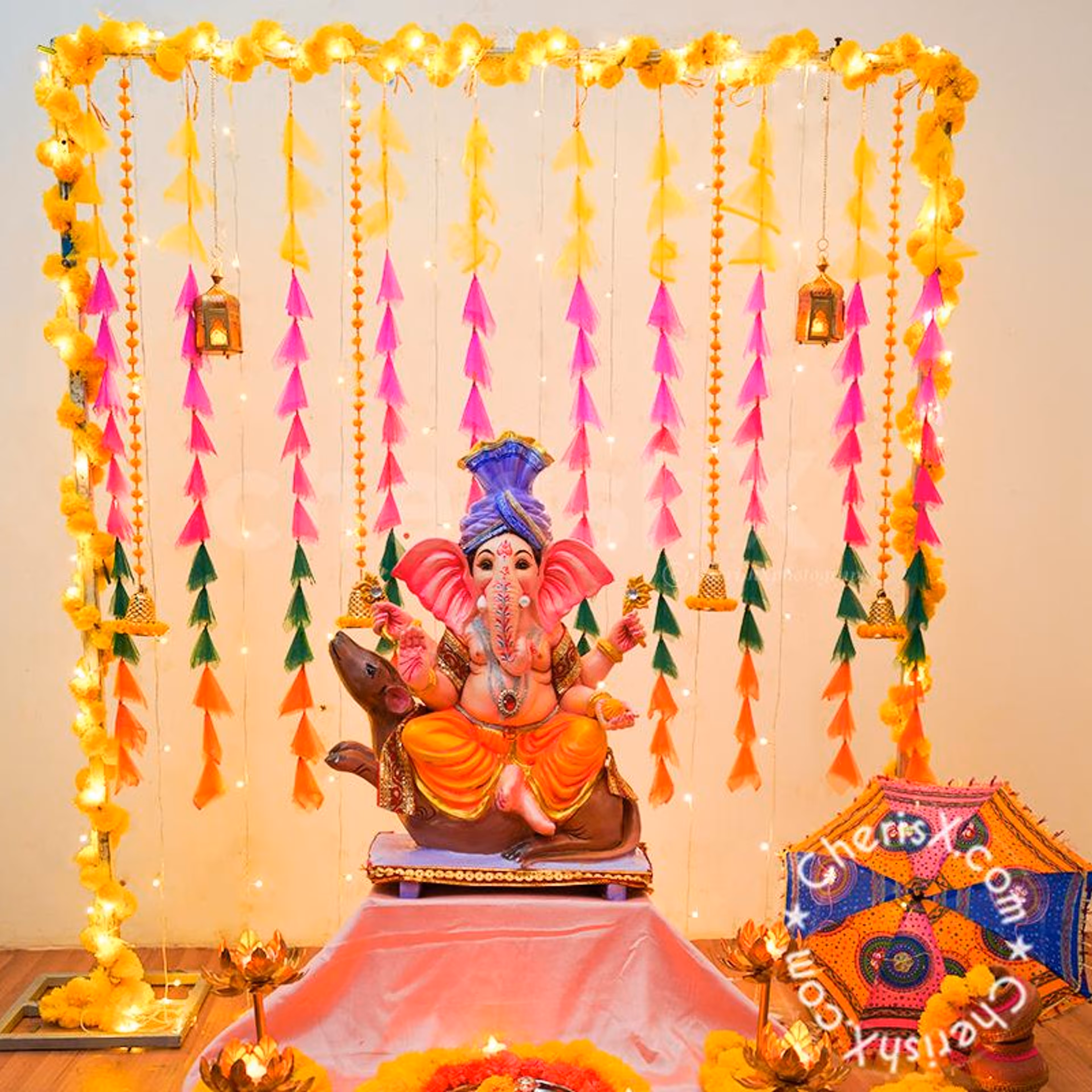 Ganesh Chaturthi Puja Decoration with Tassels Backdrop