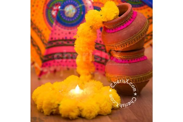 Garlands hanging from the stand for decorting the walls of the home for Ganesh Chaturthi!